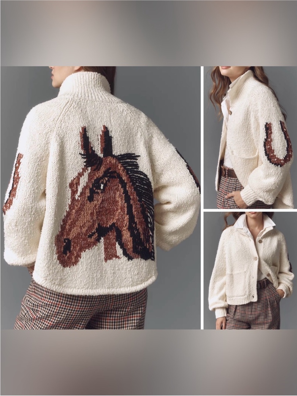Anthropologie Pilcro Western Horse Graphic Cardigan Sweater brown cream - 2X *IR
